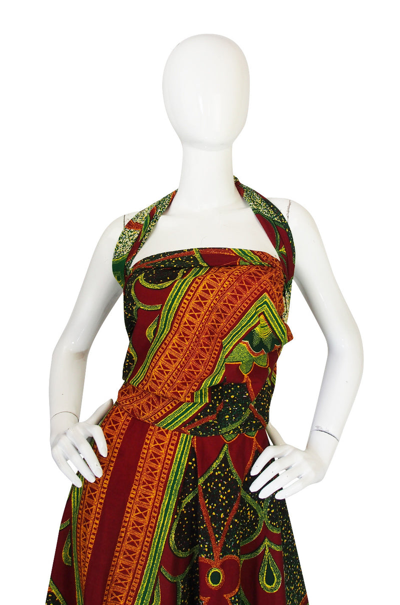 1970s Multi Tie Bohemian Cotton Batik Print Maxi Dress