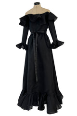 Gorgeous 1972 Nina Ricci Black Silk Gazaar Off Shoulder Dress W Ruffled Finishes