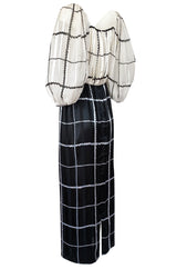1970s Pauline Trigere Contrasting Black & White Silk Rope Print On or Off Shoulder Dress