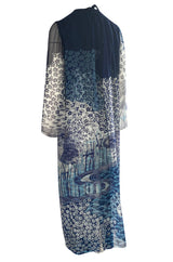 1970s Hanae Mori Silk Chiffon Deep Blue Floral & Water Print Dress