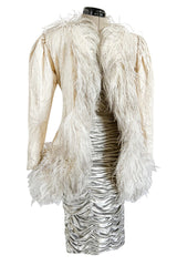 Documented Fall 1984 Emanuel Ungaro Haute Couture Silver Velvet Dress & Feather Jacket