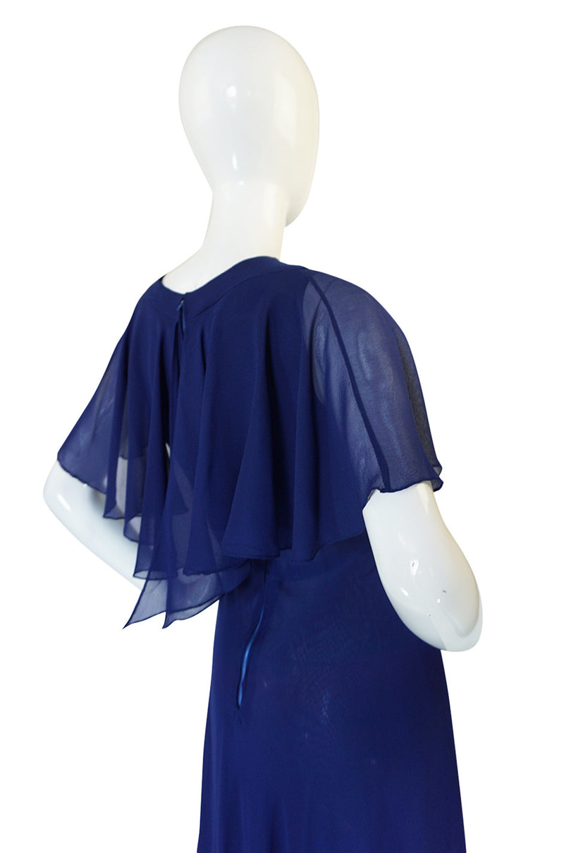 1970s Deep Blue Silk Chiffon Caped Detail Valentino Dress