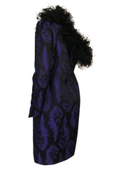 c.1988 Patrick Kelly Purple Brocade One Shoulder Feather Trim Dress