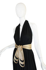 1980 Bill Tice Plunge Black & Gold Backless Dress