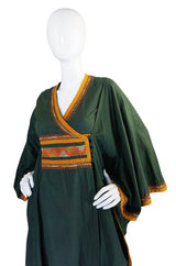 1960s Deep Green Embroidered Wrapped Cotton Caftan Dress