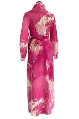 Gorgeous 1970s Hanae Mori Pink Scenic Print Wrap Skirt & Button Down Top Set