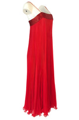 1970s Alfred Bosand Red Chiffon Accordion Pleat Dress & Matching Cape