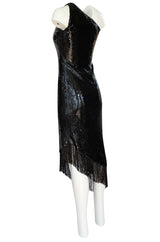 Fall 1974 Bill Blass One Shoulder Glossy Black Sequin Dress with Fringe Hem