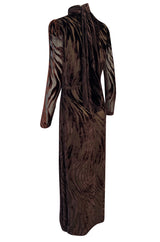1970s Pauline Trigere Fused Velvet & Chocolate Silk Chiffon Dress w Attached Tie at Neck