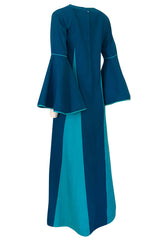 1960s Josefa Hand Embroidered Ocean Blue & Turquoise Bell Sleeve Caftan