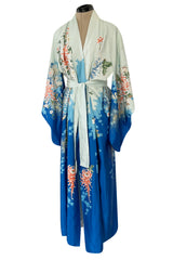 Prettiest 1970s Blue Floral Print Kimono Reversible to an Ivory & Coral Print