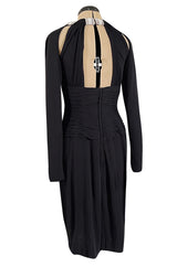 Fabulous 1980s Vicky Tiel Cut Outs Black Jersey Dress w Jewelled Pearl & Rhinestone Collar