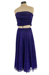 Rare 1978 Halston Couture Metallic Purple Lurex Cropped Bandeau Top & Skirt Set