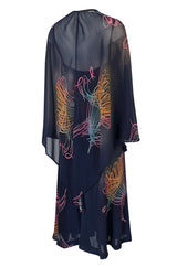c.1977 Pauline Trigere Silk 'Fireworks' Print Halter Dress & Cape