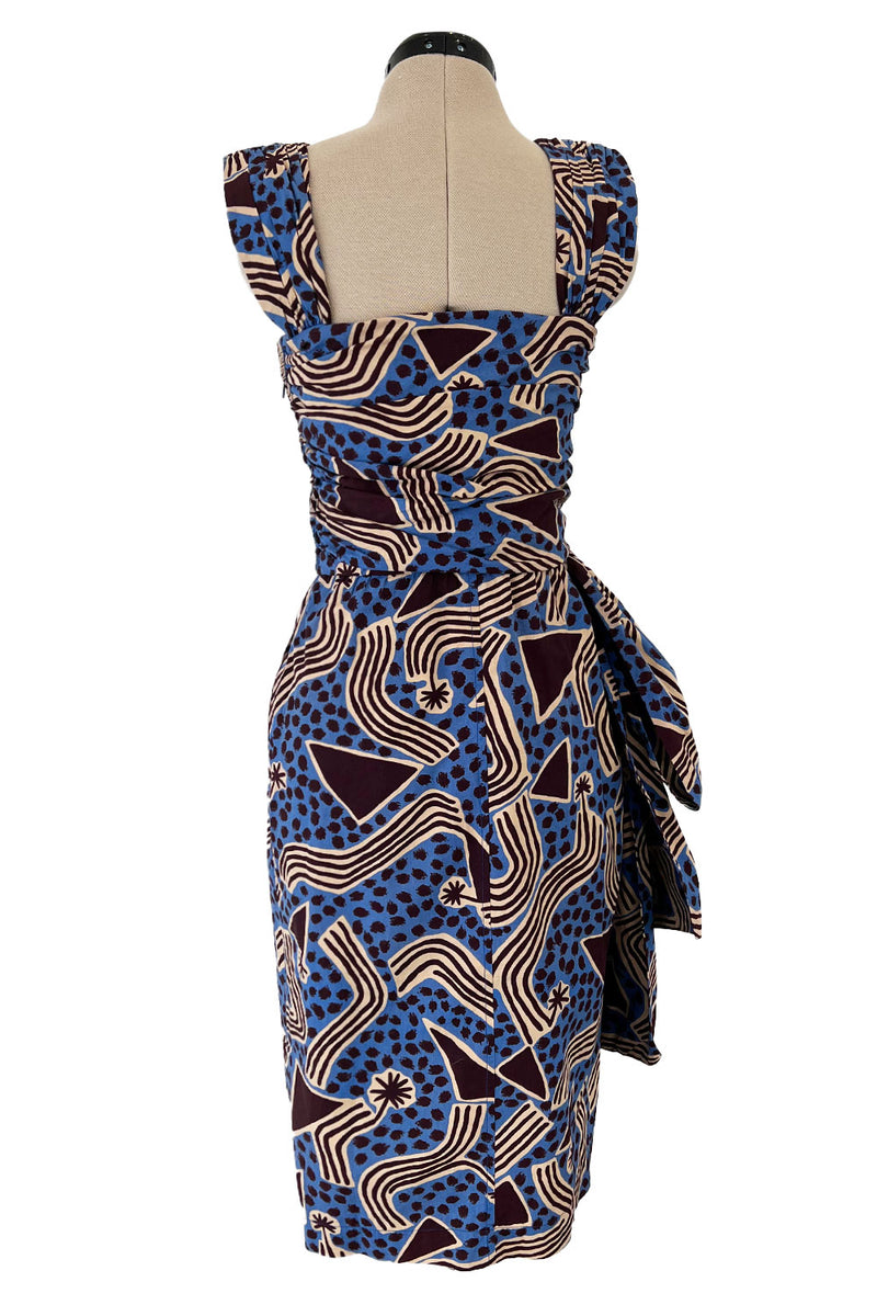 Resort 1983 Yves Saint Laurent Blue Printed Cotton Hip Swag Sarong Dress