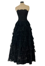 Magnificent 1980s Arnold Scaasi Couture Strapless Tiered Black French Lace Dress