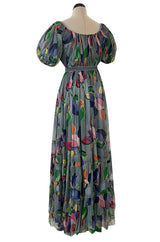 Extraordinary 1940s French Couture Floral Print Pale Blue Grey Net Dress w Original Underdress