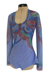 1970s Giorgio Sant Angelo Hand Painted Stretch Blue Net Bodysuit w Gold & Silver Accents