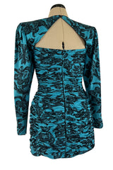 Late 1980s Emanuel Ungaro Teal Blue Printed Silk Mini Dress w Strong Shoulders