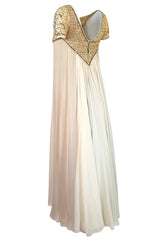 c.1958-1965 Helen Rose Hand Beaded Ivory Silk Chiffon & Gold Dress