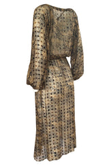 1970s Holly's Harp Silk Ribbon Chiffon Taupe & Black Print Dress