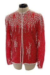 Prettiest 1980s Victoria Royal Faux Pearl & Silver Tube Bead Red Jacket