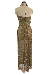 Incredible 1990s John Anthony Couture Gold Lame Mesh Beaded Dress w Beaded Choker
