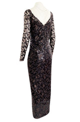 1980s Vicky Tiel Couture Fitted Metallic Net Dress w Extensive Black Sequin Detailing