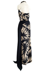 Gorgeous 1980s Valentino Haute Couture Black & Ivory Silk Print Plunging Halter Dress