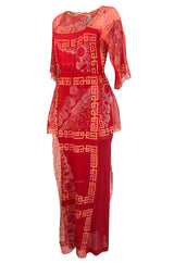 Fall 1979 Zandra Rhodes Book Piece 'Chinese Squares' Printed Red Silk Chiffon Dress