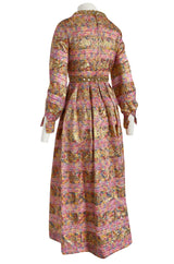 1960s Possible OLDR Metallic Pink & Gold Organza Dress w Gold Braid & Rhinestones