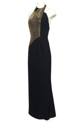 Fall 1973 Karl Lagerfeld for Chloe Black Silk Dress w Gold Beaded Bodice