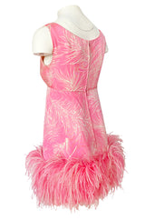 1960s Jerry Silverman Pink Print Mini Dress w Pink Feather Hem Detailing