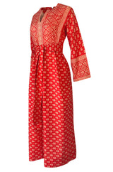 Lovely 1960s Red & White Print Indian Cotton Caftan Dress