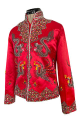 Fabulous 1960s Extensively Beaded & Sequin Front Zip Red Silk Satin Asian Jacket