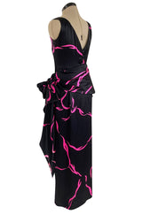 Fall 1985 Unlabeled Ady Couture for YSL Black Silk Hip Swag Dress w Pink Bow Print