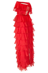 c.1977 Valentino Strapless Silk Chiffon Red Ruffle Full Length Dress