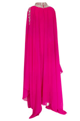 1980s Elaborate Crystal Covered Vibrant Pink Chiffon Caftan Dress