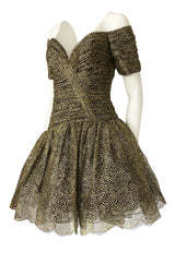 c.1984 Vicky Tiel Couture Metallic Gold & Black Lace Pouf Skirt Mini Dress