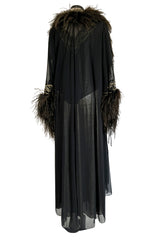 Dramatic 1980s Bob Mackie Chiffon & Gold Dress & Robe Set w Feather Trim
