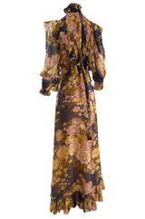 1970s Gina Fratini Pastel Floral Print Smocked Front Cotton Voile Ruffled Dress