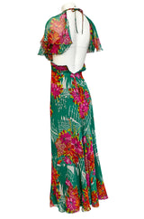 Documented 1973 Scott Barrie Pink & Green Floral Backless Silk Chiffon Dress