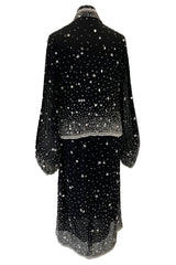 Gorgeous 1983 Halston Beaded Black Silk Chiffon Skirt & Jacket Set w Balloon Sleeves