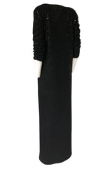 1970s Bill Blass Black Knit Wool Jersey & Silk Sequin Covered Cardigan Dress