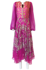 c1969 Thea Porter Couture Gold Brocade & Silver Metal Embroidered Fuchsia Dress