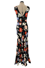 Beautiful 1930s Bias Cut Heavy Silk Satin Floral Print Dress w Scalloped Edged Jacket