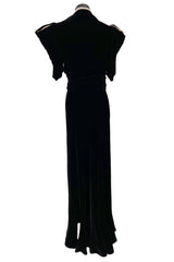 Incredible 1930s Black Silk Velvet Wrap Bias Cut Dress w Elaborate Metal & Bead Belt