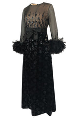 Documented Fall 1970 Oscar de la Renta Ostrich Feather & Sequin Silk Dress