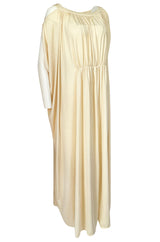 Rare 1970s Yuki Ivory Draped Jersey Open Shoulder Caftan Dress