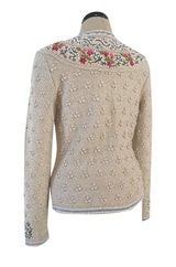 Wonderful 1980s Wolkenstricker Natural Linen Flax Colour Hand Knit Cardigan Sweater w Floral Details